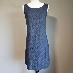 Lina Tomei Italy Dress Med Blue Linen Sleeveless Shift Embroidered Floral Midi